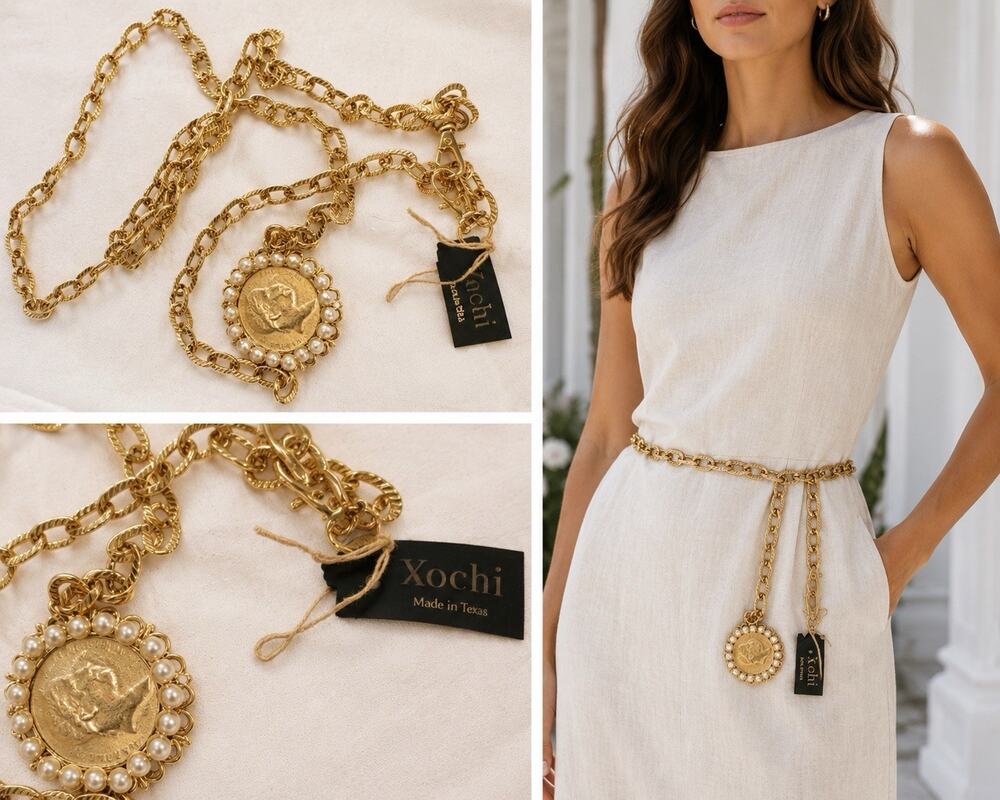 Yochi Made USA Gold Tone Chain Belt with Coin Faux Pearls NWT
